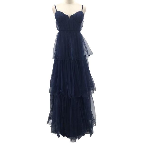 LULU'S XS Unforgettable Poise Navy Blue Tulle Bustier Tiered Maxi Dress NEW B117 - Picture 3 of 9